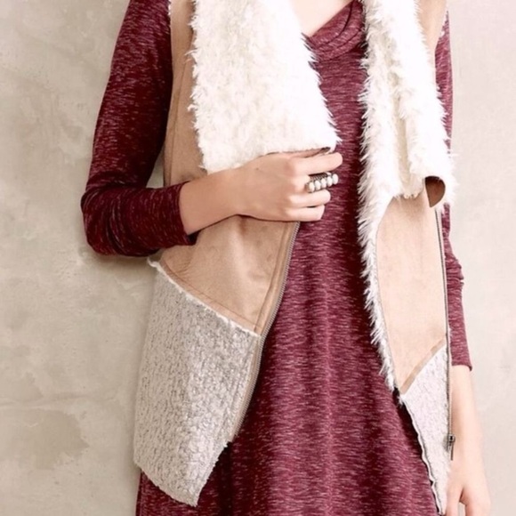 ii Sisters Furry Wool Blend Suede Sherpa Vest Tan Gray & Winter White Offset Zip - Picture 13 of 14